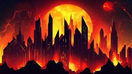 Apocalyptic cityscape bathed in fiery light with ominous moon