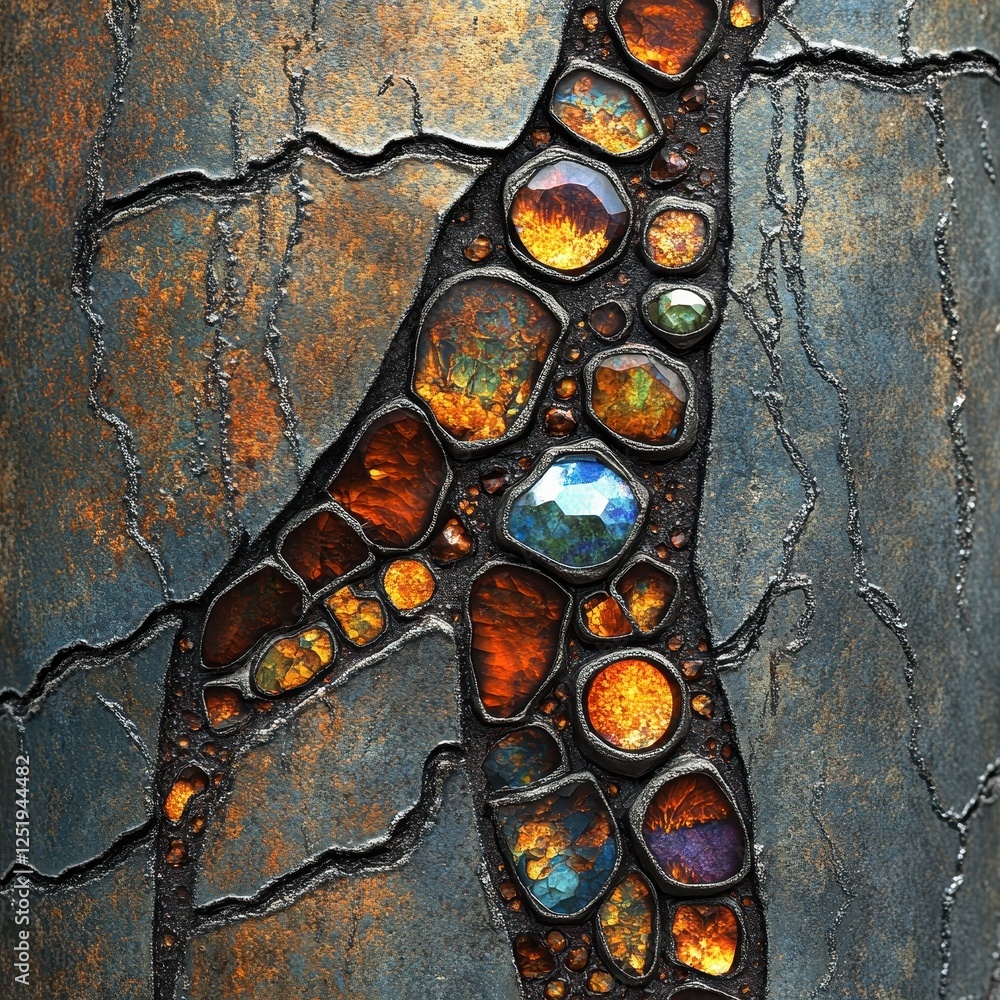 Poster abstract mosaic featuring colorful gems set in a weathered texture