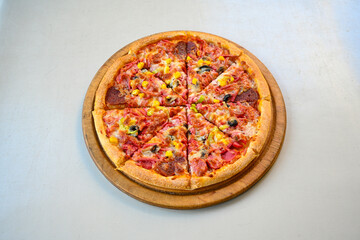 Traditional Turkish cuisine. Pizza, pita, pidesi, sucuk, hummus, kebab. Many dishes on the table. Serving dishes in restaurant. Mix, formaggi, veggie pizza. Top view, flat lay