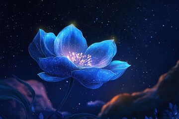 Glowing blue flower under a starry night sky shines brightly