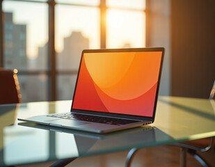 Mockup, Modernes Arbeiten, Laptop auf Glas-Schreibtisch im Sonnenuntergang