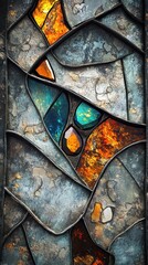 Abstract stained glass window with textured panes and jewel tones