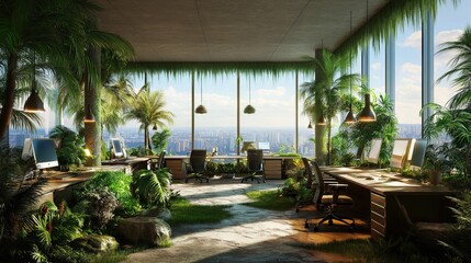 Fototapeta premium modern office space with a large window that offers a panoramic view of the city. The room is filled with lush greenery, including palm trees, ferns, and other tropical plants
