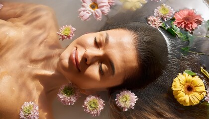 Naklejka premium In a serene thermal bath, a woman floats effortlessly with her eyes closed, surrounded by soft, vibrant flowers. Warm steam envelops her, creating a tranquil atmosphere