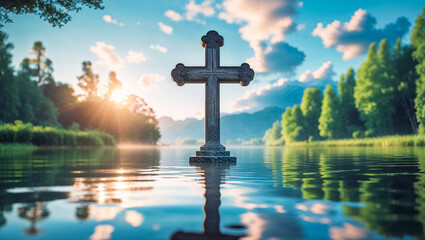Christian cross on calm water, river, beautiful picturesque daytime landscape