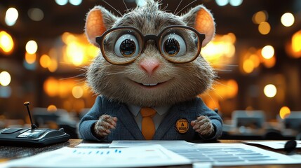 Charming Anthropomorphic Mouse in Business Attire Reviewing Documents in a Warmly Lit Office Setting