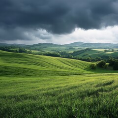 Obraz premium Stormy skies above lush green countryside with rolling hills and dramatic clouds