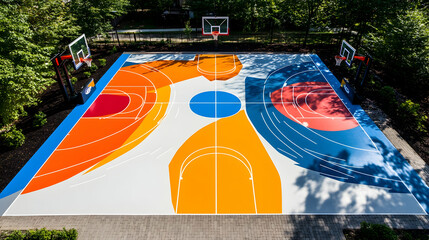 Aerial view of a maple basketball court with clean lines and vibrant markings