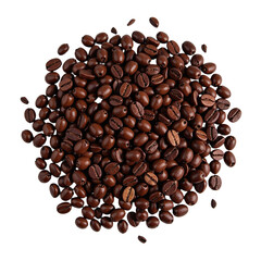 Close-up view of a pile of roasted coffee beans against a cut out background.