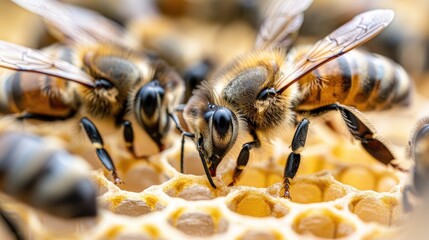 A close-up shot of bees working on a honeycomb