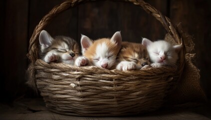 Adorable Kittens Sleeping Peacefully in a Wicker Basket