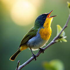 Obraz premium Cheerful Bird Perched Amidst Blossoms, Singing Happily