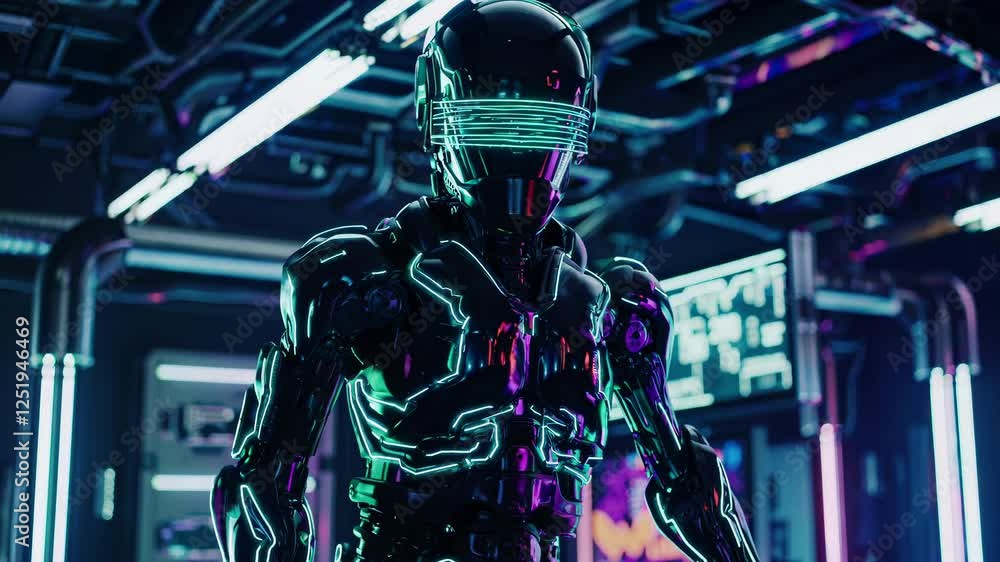 Aufkleber futuristic humanoid robot with a sleek black exoskeleton and glowing neon lights stands in a high-te