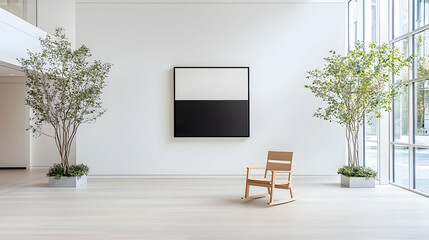 Modern art gallery, minimalist painting, rocking chair, plants