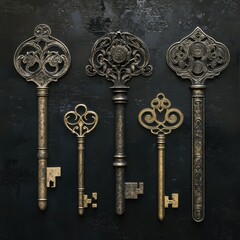 Five ornate antique keys lie on a dark background