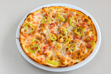 Traditional Turkish cuisine. Pizza, pita, pidesi, sucuk, hummus, kebab. Many dishes on the table. Serving dishes in restaurant. Mix, formaggi, veggie pizza. Top view, flat lay