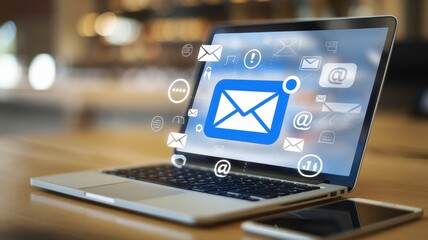 Fototapeta premium Email Communication: Laptop Displaying Email Icons and Symbols