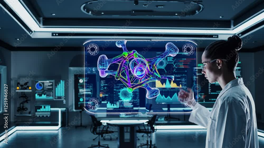 Aufkleber female scientist interacts with a futuristic holographic molecular structure in a high-tech laborato