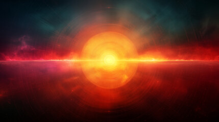 Fototapeta premium Glowing digital sun horizon with geometric grid pattern, representing futuristic abstract technology concept in red and orange tones