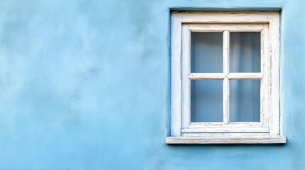 Rustic white window frame with brushstrokes against a plain gray blue background featuring artistic light and shadow effects