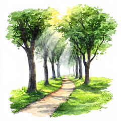 Watercolor path lined with lush green trees, sunlight filtering through the leaves.