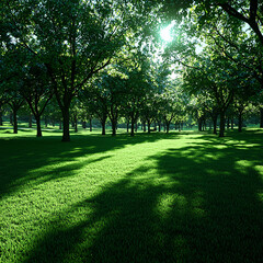 Obraz premium Sunlight filters through trees, casting shadows on the lush green grass of a serene park landscape.