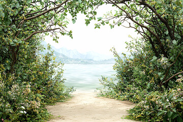 A sandy path leads to a serene lake view framed by lush greenery and distant misty mountains.