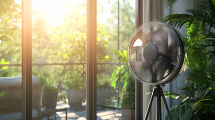 Air fan gently blowing air to cool a room with a view of a sunny outdoor patio