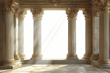 Fluted columns with ornate, gilded capitals and bases line a marble floor, bathed in ethereal light.