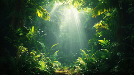 Sunbeams illuminating lush tropical rainforest canopy