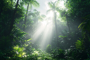 Obraz premium Sunlight streams through a lush, dense tropical rainforest, illuminating the vibrant greenery below.