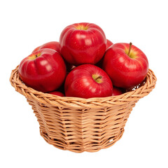 A wicker basket full of ripe, red apples against a cut out background.