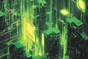 Futuristic metropolis displays towering buildings and glowing circuit patterns