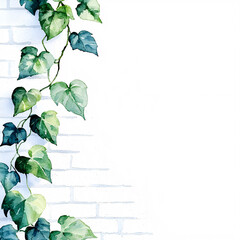 Fototapeta premium Watercolor painting of a trailing green vine with heart-shaped leaves against a white brick wall, leaving ample white space.