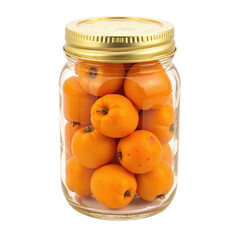 A glass mason jar filled with bright orange fruits, sealed with a gold lid, against a cut out background.