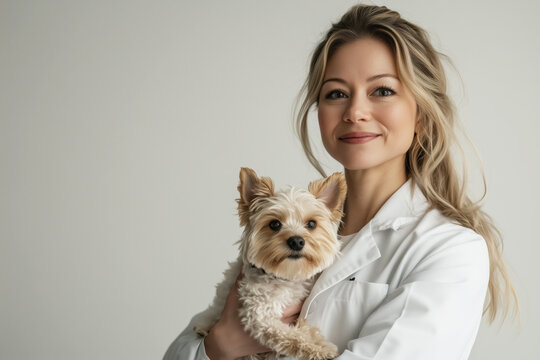 Confident veterinarian holding cute yorkshire terrier - Powered by Adobe