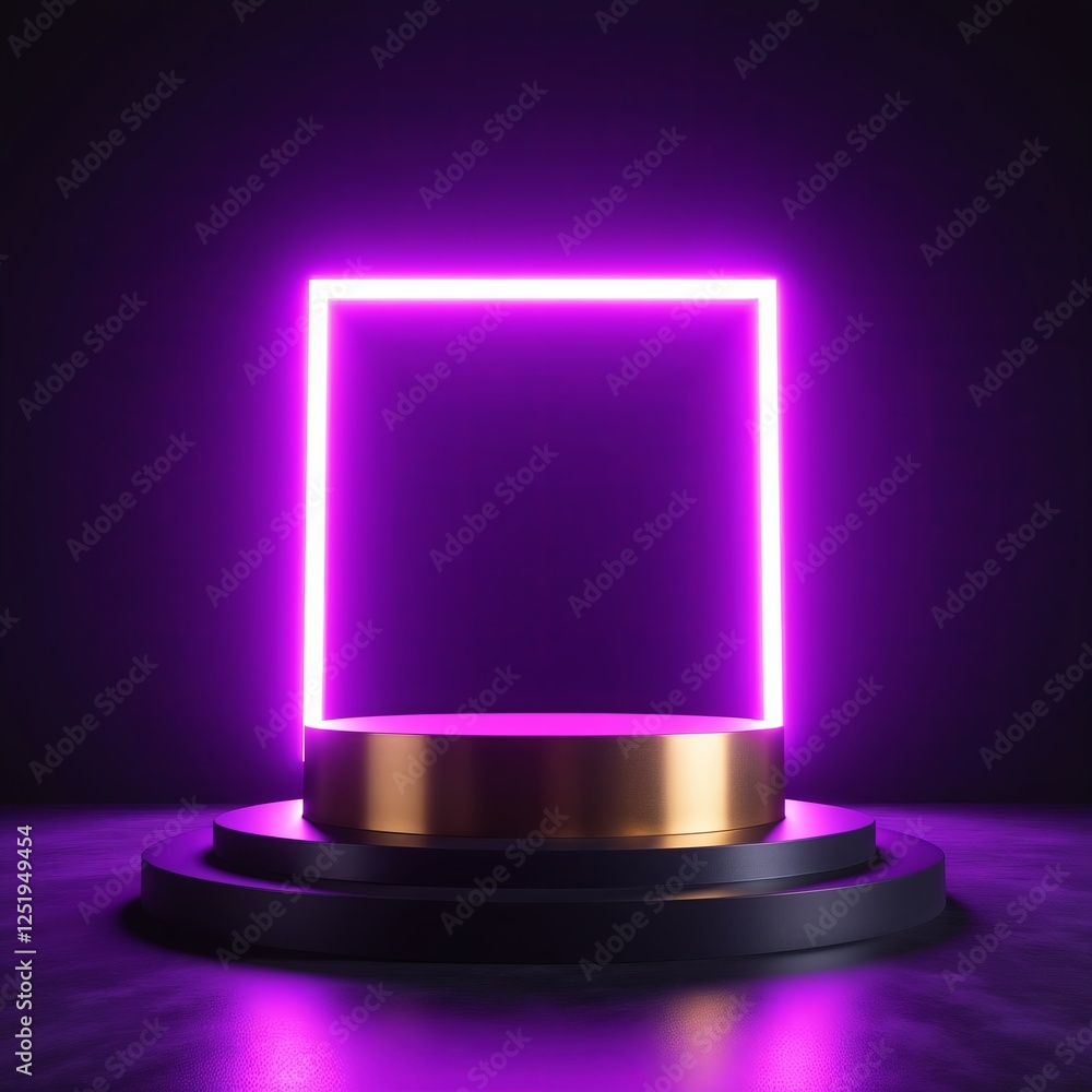 Poster abstract 3d render of a minimal gold podium with a glowing neon purple square on a black background.