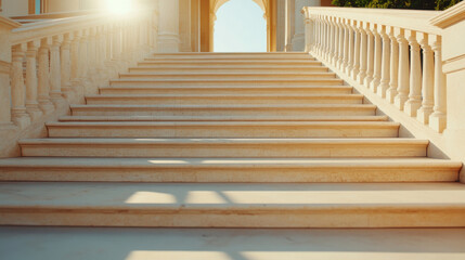 Stunning outdoor marble staircase in a classic building illuminated by soft afternoon light with a focus on minimalist architectural elements