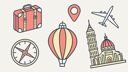 Travel Essentials: Suitcase, Compass, Hot Air Balloon, Plane, Landmarks