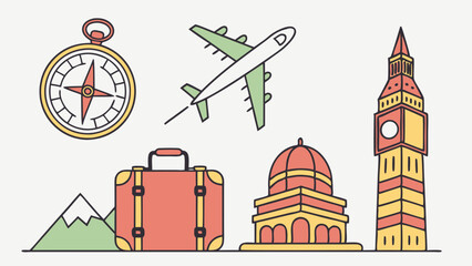 Iconic Travel Essentials: Compass, Airplane, Suitcase, Mountains, Landmarks