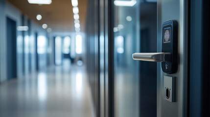 An office door features an access control system with fingerprint scanning to enhance security measures.