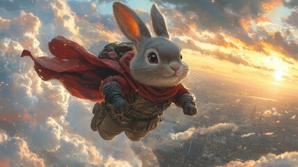 Charming Rabbit Superhero Soaring Through a Sunset Sky