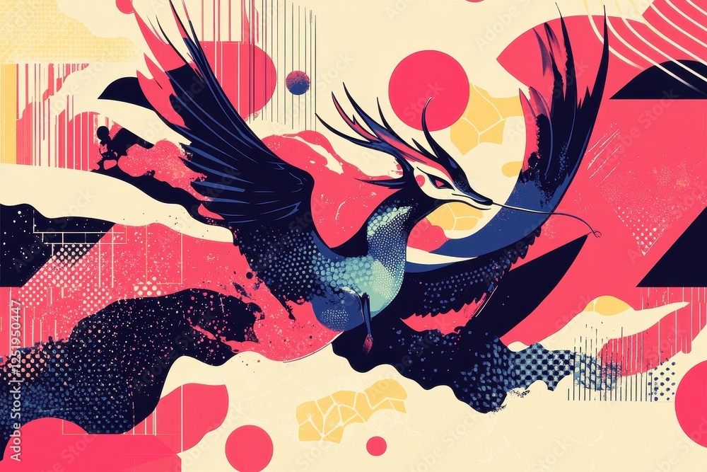Poster abstract bird illustration with colorful shapes and patterns surrounds it