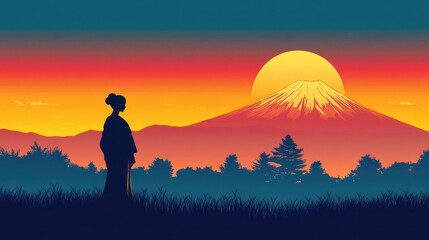 Silhouette of a woman gazing at mount fuji at sunset