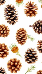 white cones collection realistic background pine watercolor illustrations realism seasonal different set collection pine watercolor cone isolated christmas illustration pine cone fir white winter