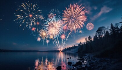 Fototapeta premium Spectacular Fireworks Display Over Tranquil Lake Reflecting in Still Water