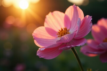 Fototapeta premium Evening sunlight highlights the flower's delicate petals, soft, glowing, stillness