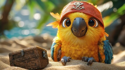 Charming Yellow Parrot in Pirate Bandana on Sandy Beach with Treasure Chest