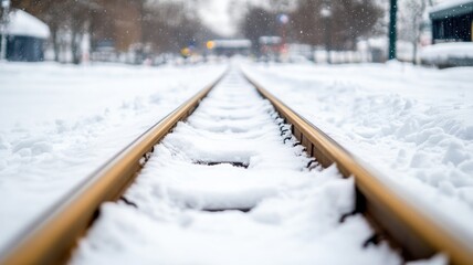 Snow-covered railway tracks in winter, leading to distant view