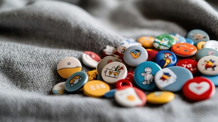 Collection of colorful pins on soft fabric background